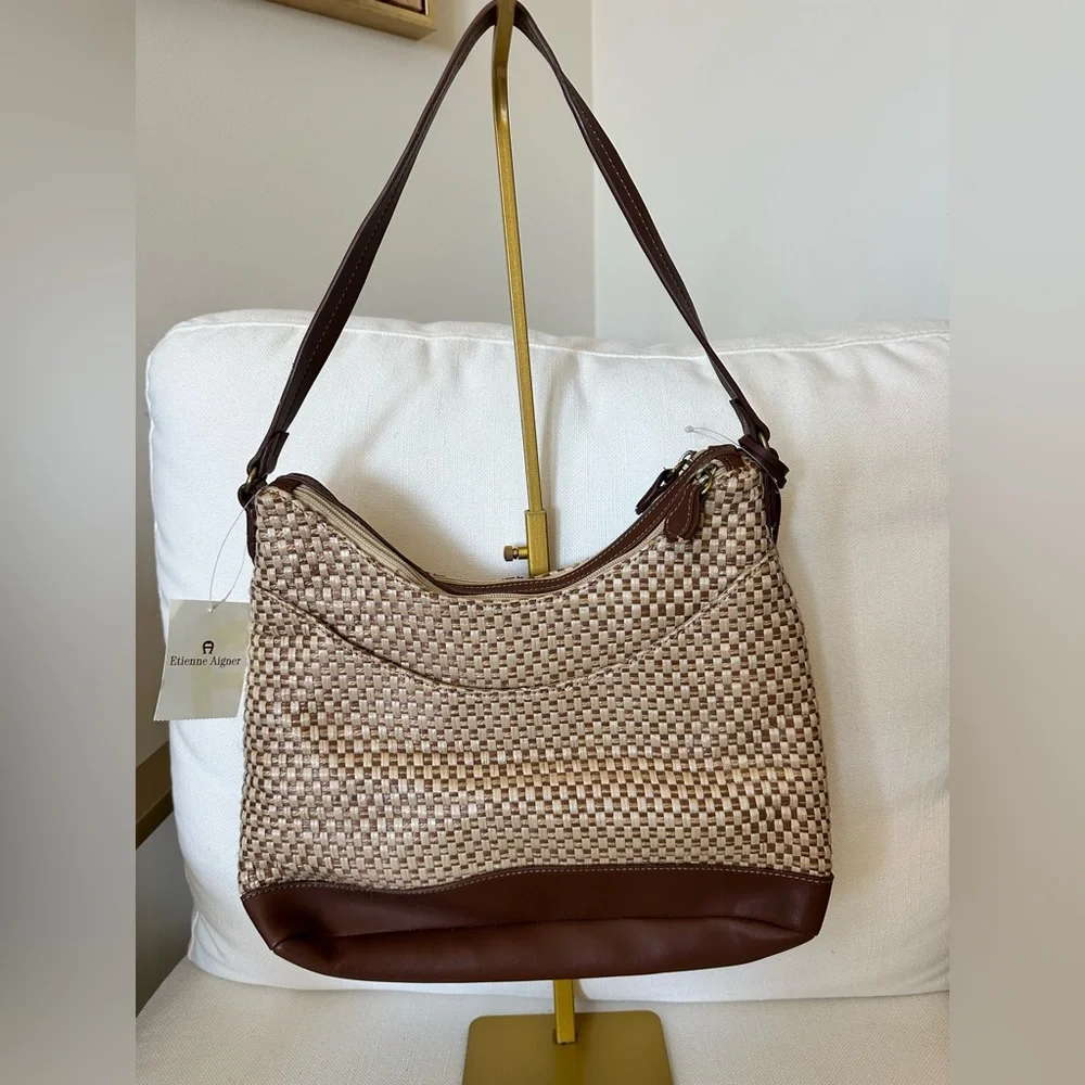 Etienne Aigner Vintage woven straw shoulder bag purse 2 Tone Beige Brown NWT - Picture 4 of 7